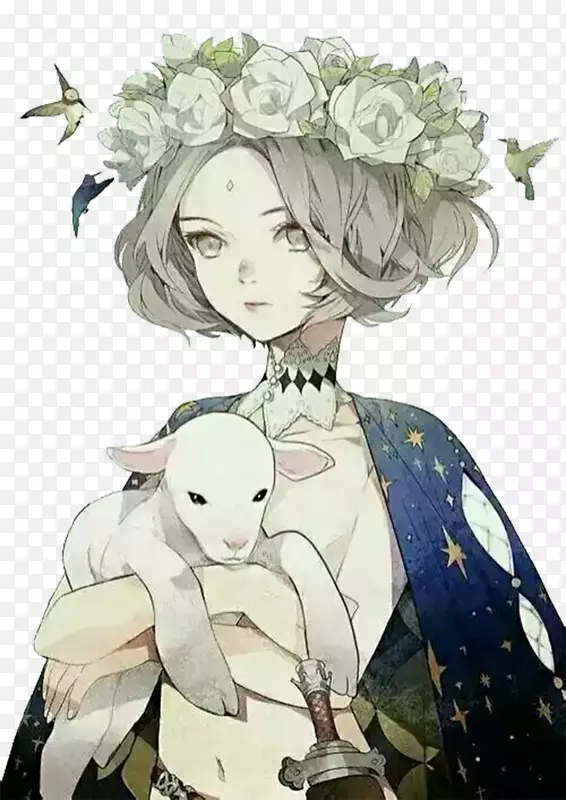 戴着花环抱着动物的少女