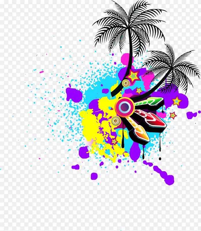 手绘彩色喷绘椰树音乐元素
