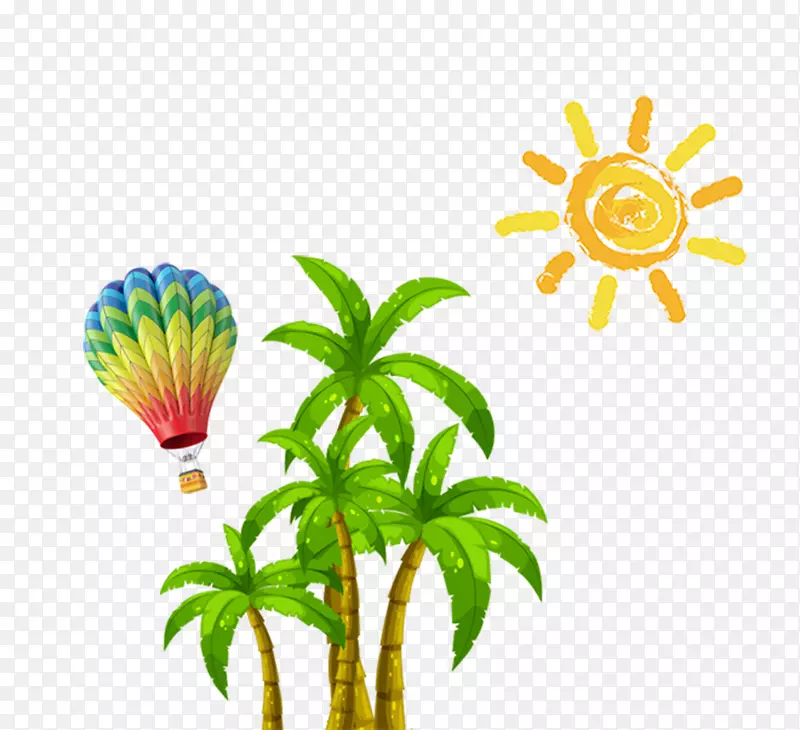 春季椰树热气球和太阳装饰手绘