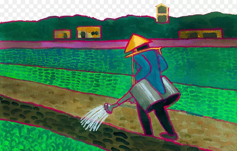 手绘装饰插图农田浇水的农民