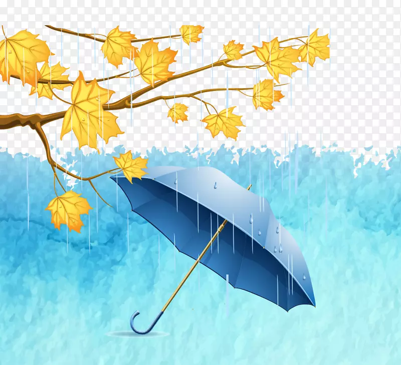 免抠蓝色的伞飘散的落叶