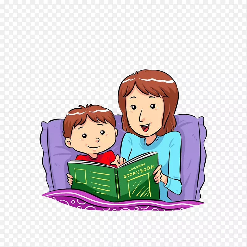 卡通跟妈妈躺靠着枕头看书的小孩