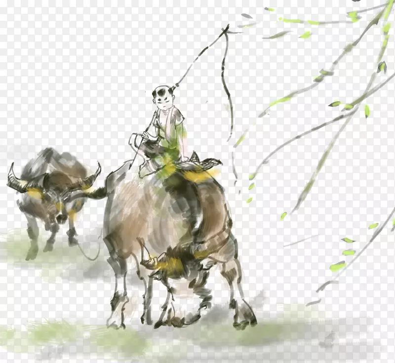 手绘装饰放牛的孩子插画