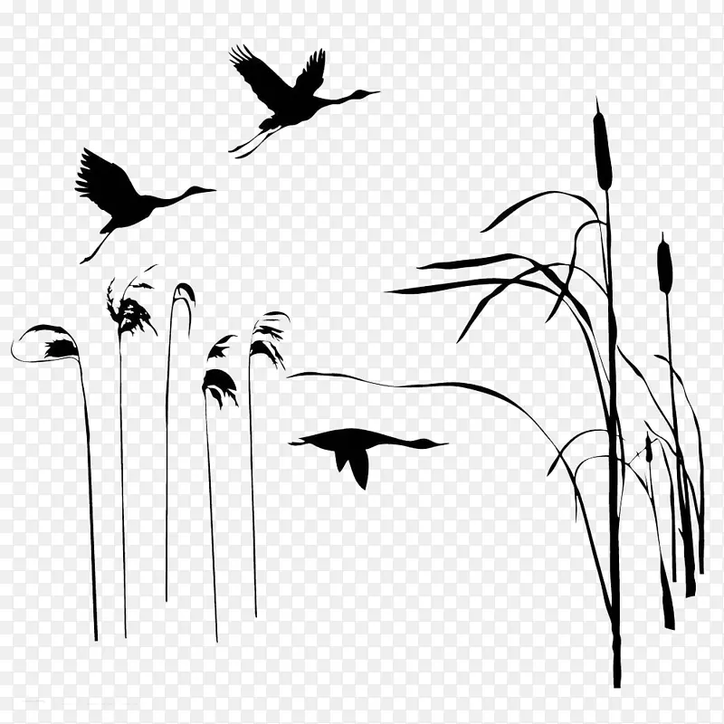 芦苇荡和飞燕黑白简约风装饰画