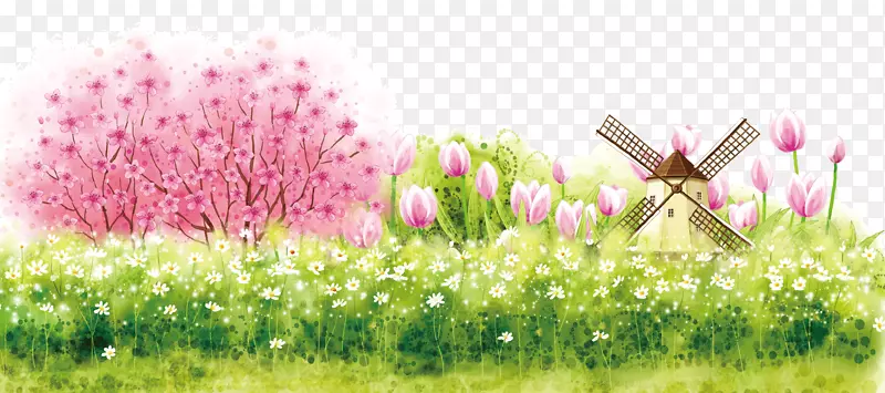 春季春暖花开卡通手绘景色