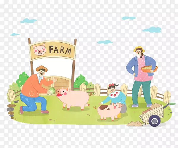 幸福的农村一家人在猪圈喂猪