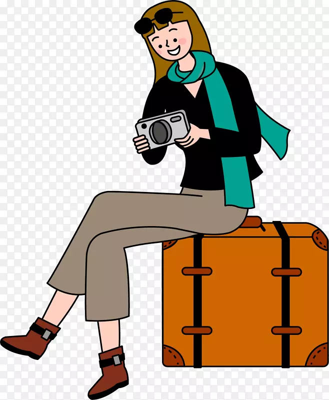 手绘坐在行李箱上的女子人物插画