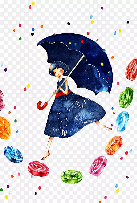 撑伞踩着糖果的女孩