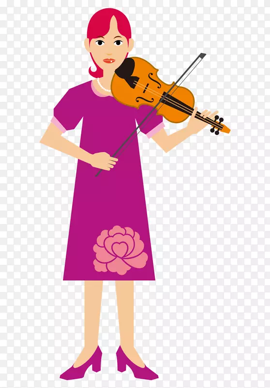 卡通手绘紫色裙子拉小提琴女孩