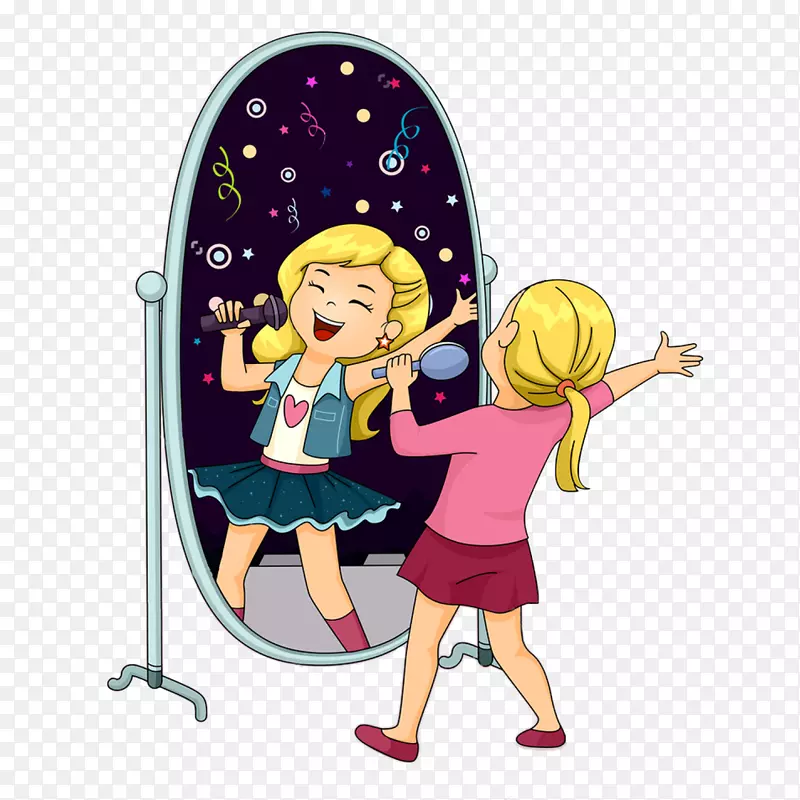 漂亮女孩对着镜子唱歌