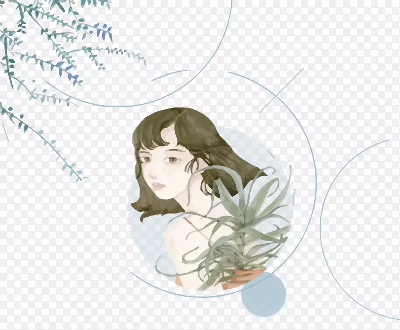 矢量水彩手绘杨柳少女