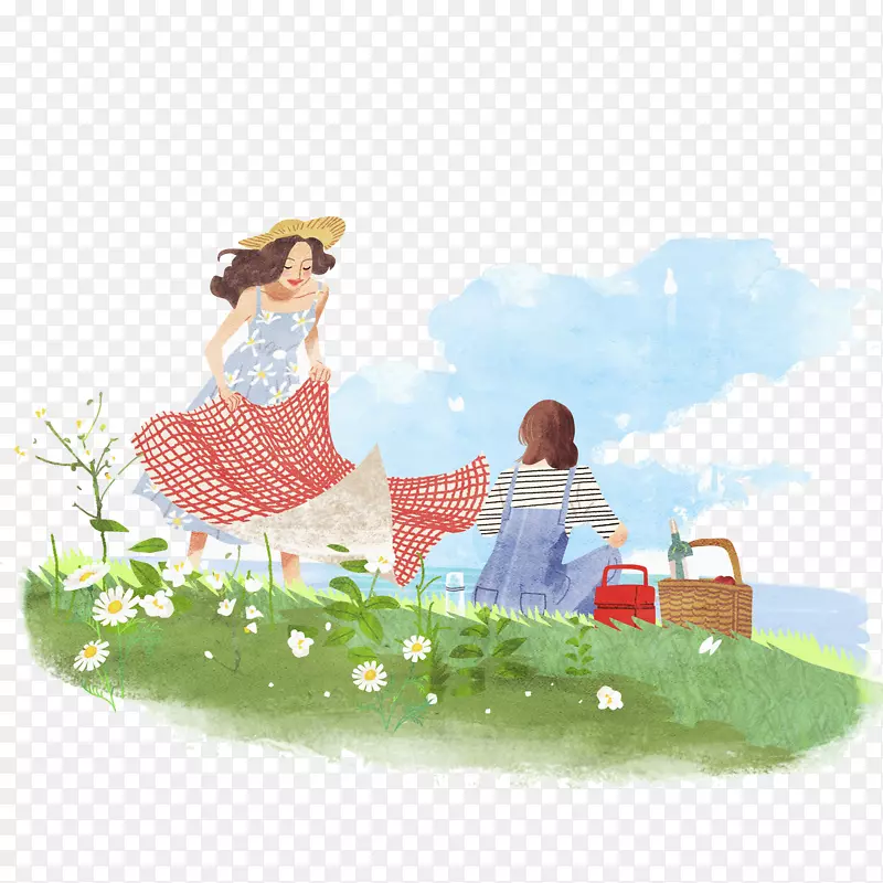 春游野餐手绘插画