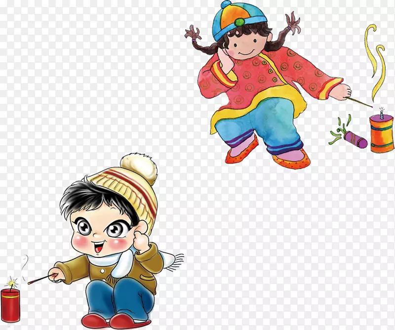 新年卡通放鞭炮小孩