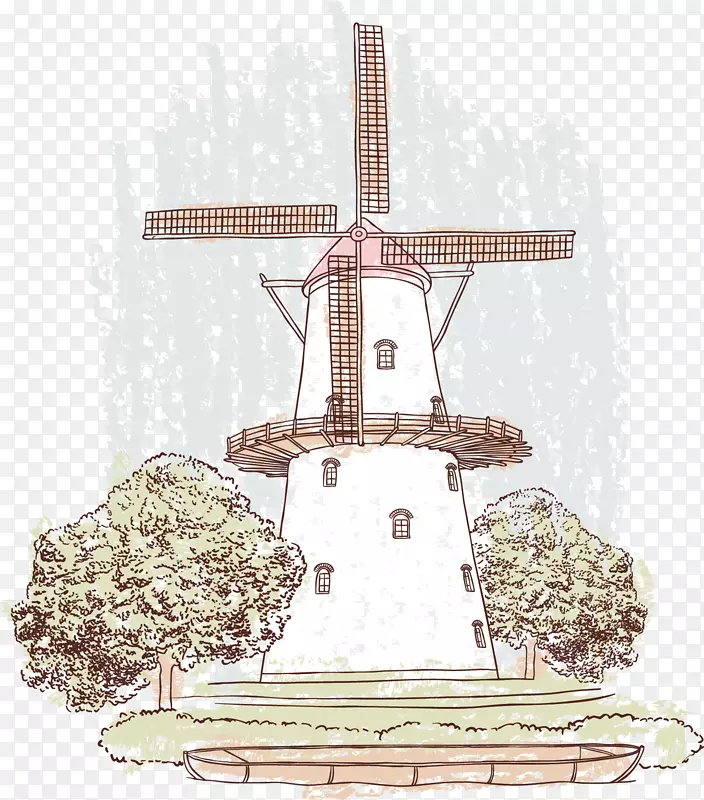 手绘风美丽荷兰风车