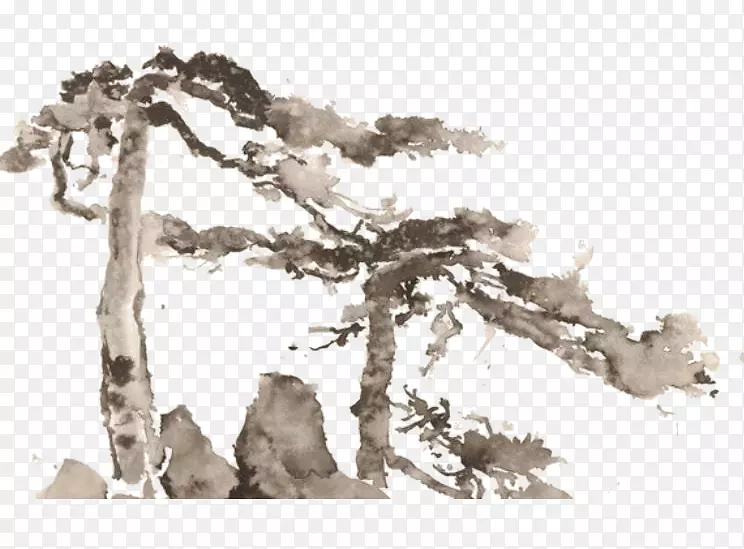 写意画迎客松png