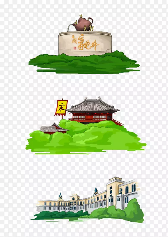 自制生动创意彩绘杭州地标免抠图