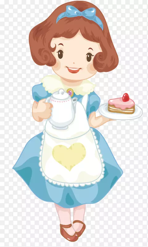 女仆拿着蛋糕和茶