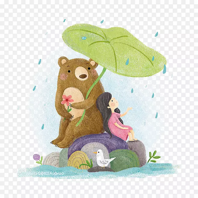 手绘下雨天小女孩与熊