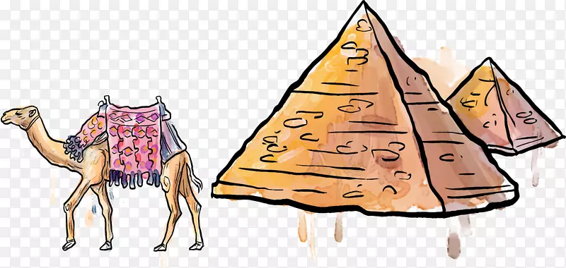 卡通水彩金字塔和骆驼矢量