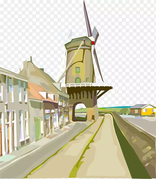 荷兰风车小镇手绘