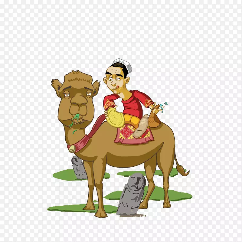 坐在骆驼上吃饼的新疆男子