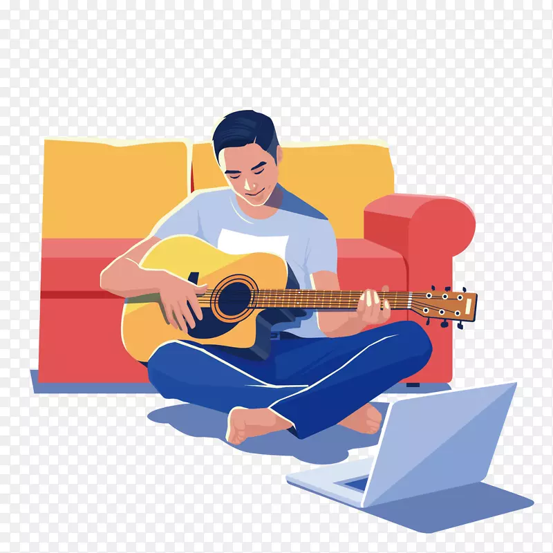 手绘卡通沙发前弹吉他的男人