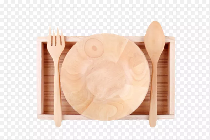 棕色木质纹理木圆盘和木勺子实物