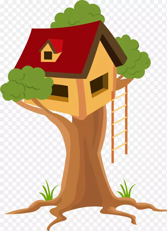 红色屋顶卡通风格木质树屋