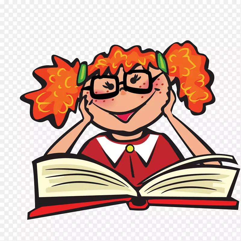 卡通戴眼镜看书的小女孩