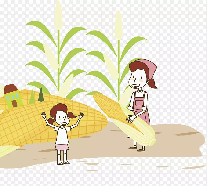卡通插图玉米地的农村妇女与孩子