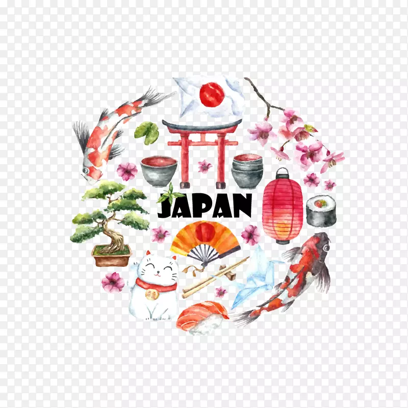 水彩绘日本特色元素矢量素材