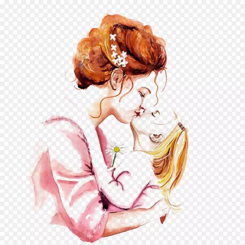 手绘水彩母亲亲吻孩子