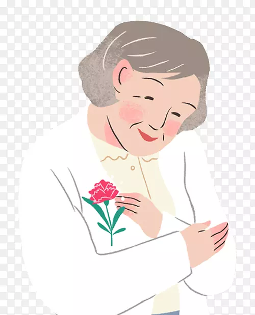 手绘母亲节插图白发妈妈与康乃馨