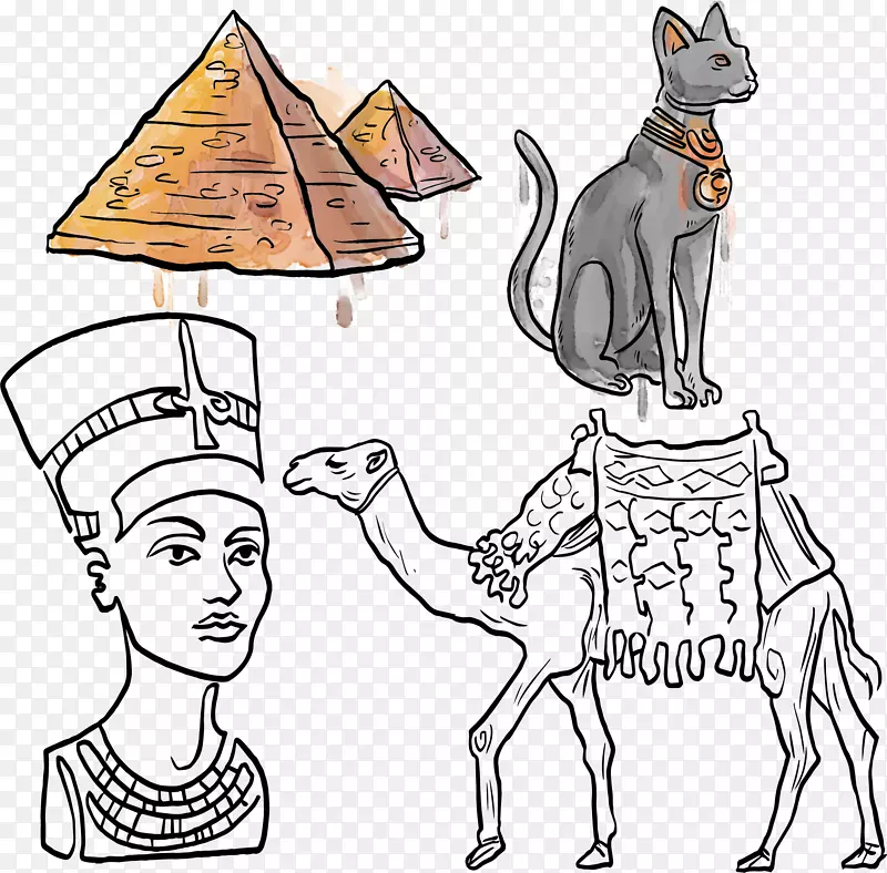 矢量手绘埃及骆驼金字塔