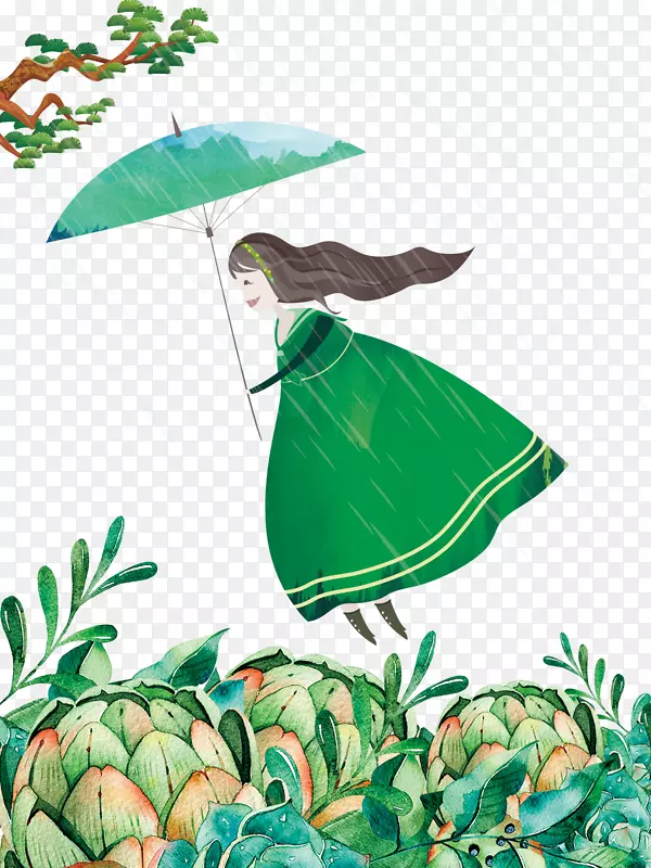 免抠卡通手绘绿色草丛上打伞的女