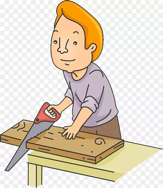 卡通人物插图锯木板的木工师傅