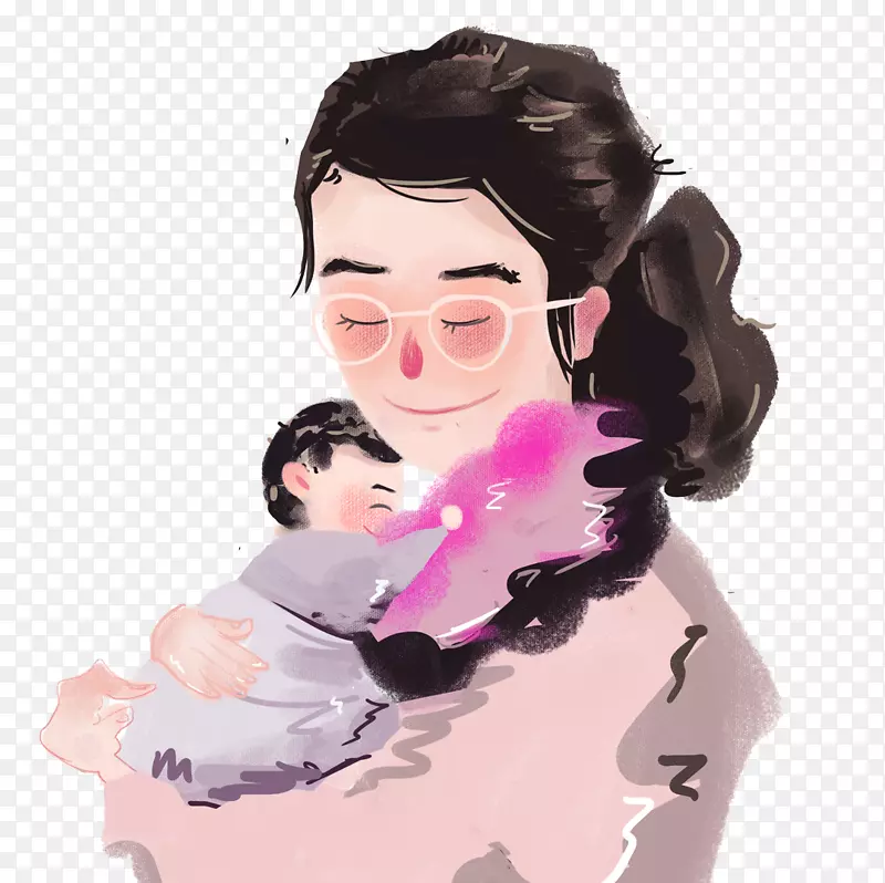 手绘水墨风格母亲节亲子插图抱着