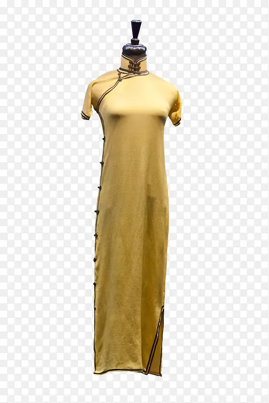 黄色短袖丝制旗袍