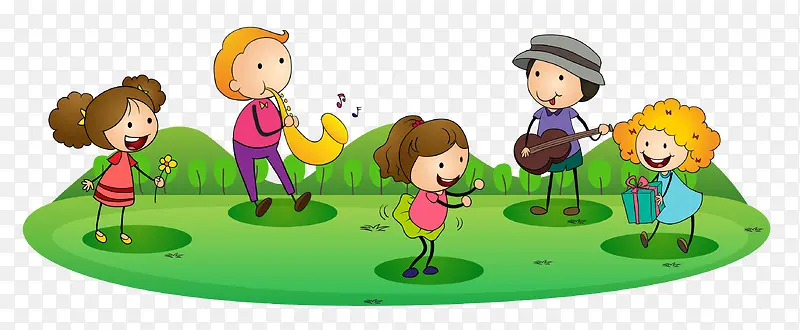 在草地上唱歌弹奏吹曲的小孩