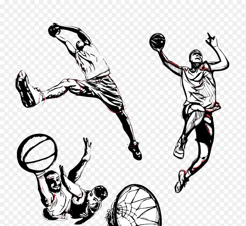 手绘夸张地打着篮球的运动员图案