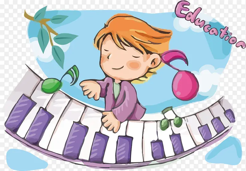 卡通漫画弹钢琴的小女孩