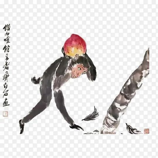 中国风水墨写意国画猴子献寿免抠