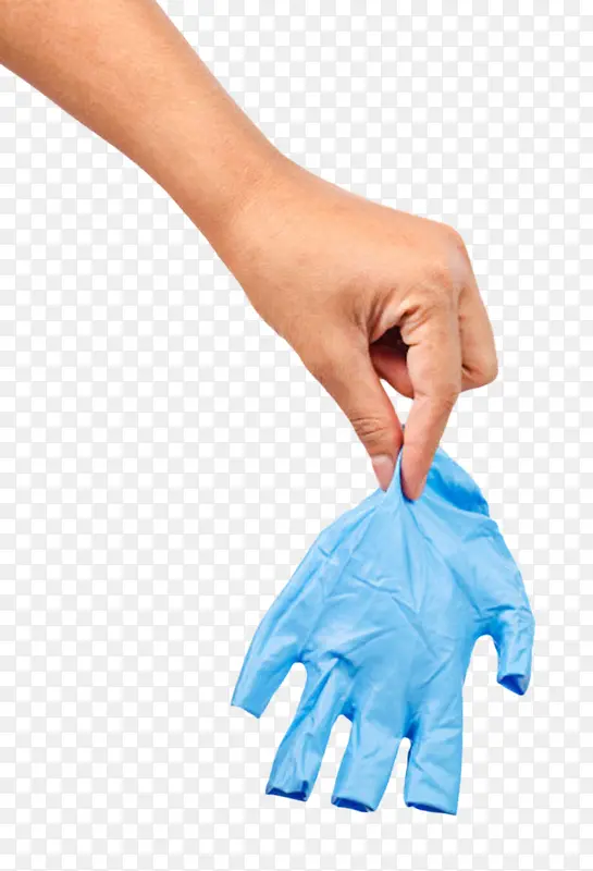 手捏着蓝色塑胶手套