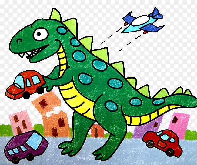 卡通手绘恐龙拿着汽车