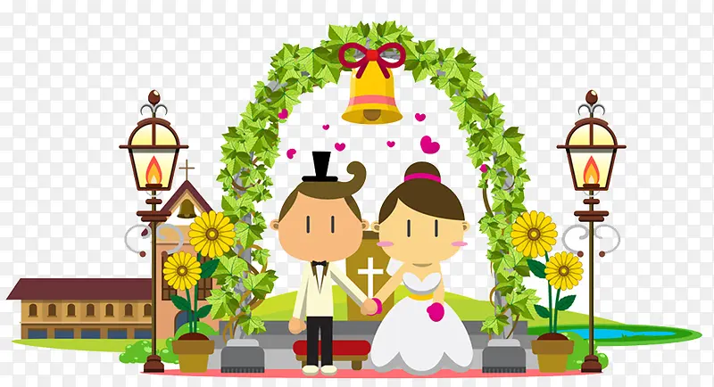 卡通婚礼新婚夫妇插画