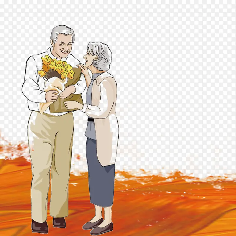 卡通相互关爱的老年夫妇