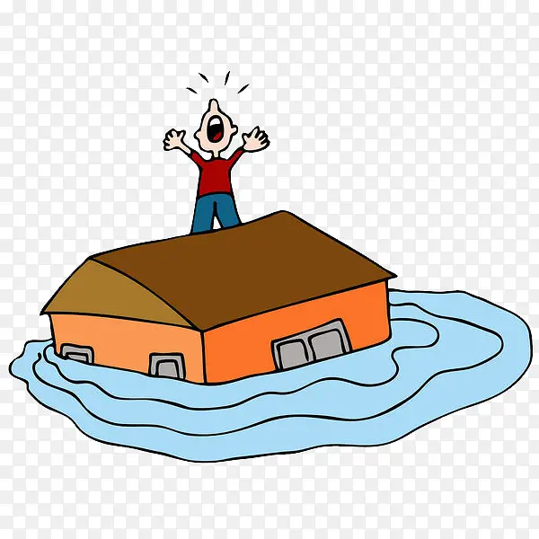卡通插图洪灾站在屋顶求救的人