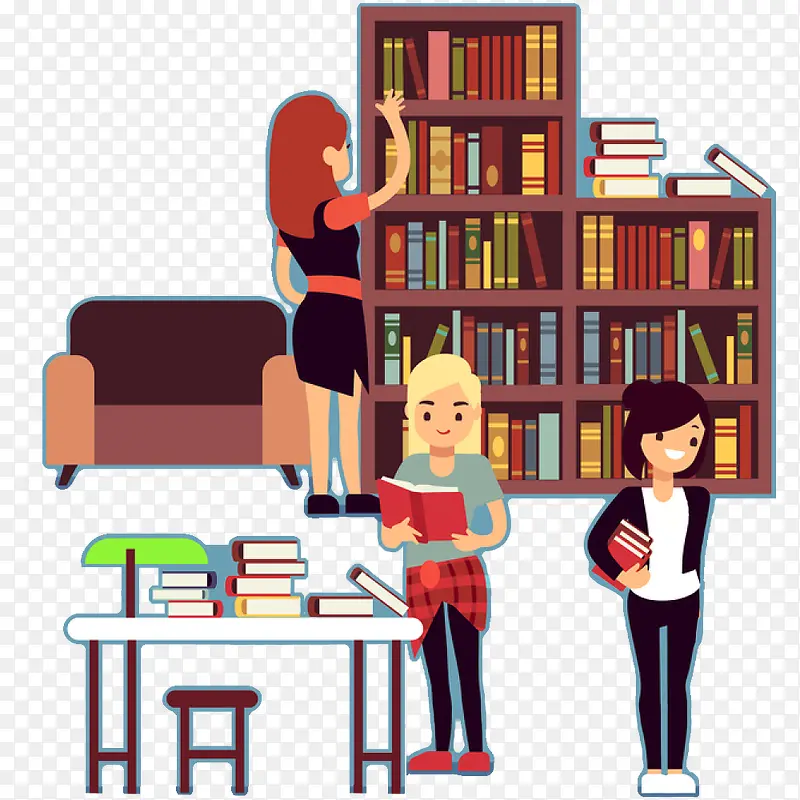 卡通在图书馆学习的女孩