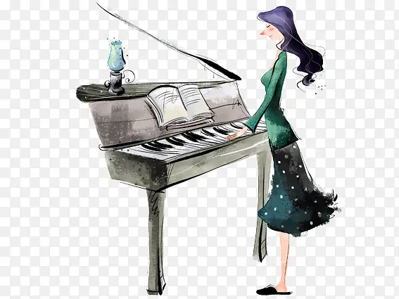 手绘弹钢琴的女人