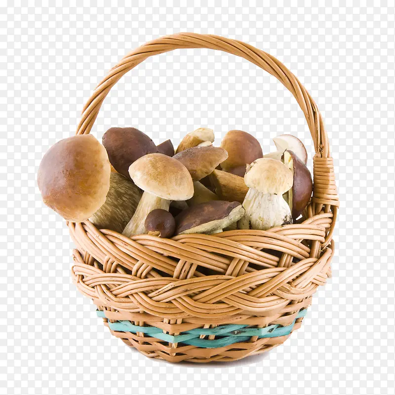 实物木质篮子与蘑菇